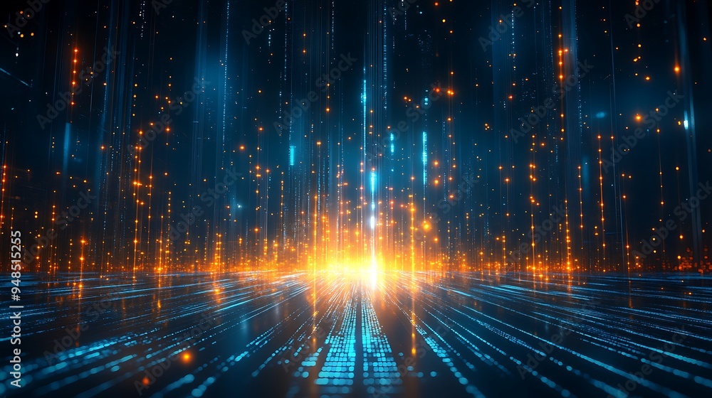 Poster futuristic digital data stream with glowing light beams and binary code, representing technology, co