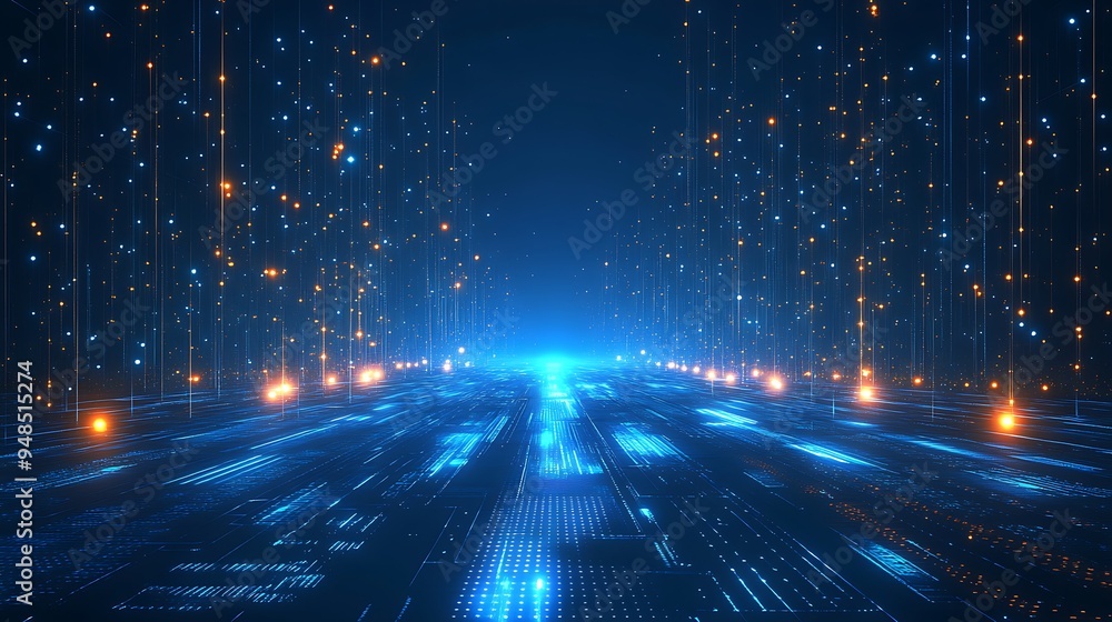 Poster futuristic digital data stream with blue lights and glowing particles, representing technology, data