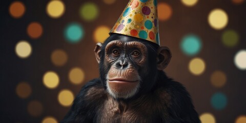 Celebratory chimpanzee with party hat and glasses on festive background.