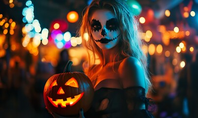 Mysterious Halloween Woman with Skull Makeup Holding a Glowing Jack-o'-Lantern in a Neon Lit Setting, Surrounded by Colorful Lights, Creating an Eerie and Enchanting Atmosphere for a Spooky Night