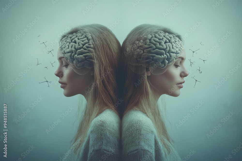 Poster abstract portrait of two women with neural patterns symbolizing the symmetry and balance of thoughts