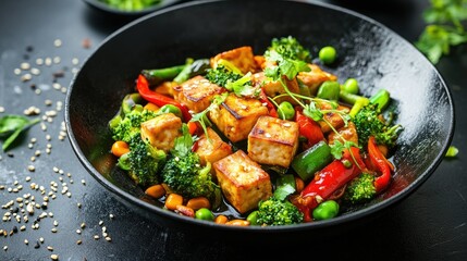 Tofu stir-fry with vegetables, high in plant-based protein, served in a wok
