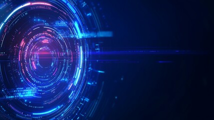 Obraz premium Futuristic digital interface with blue and red circular elements on a dark background, representing advanced technology concepts.