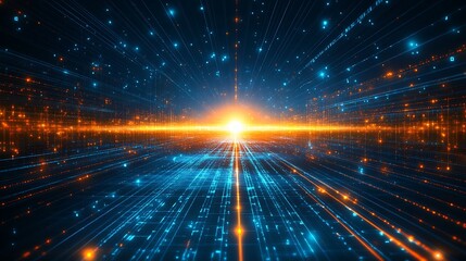 Fototapeta premium Futuristic digital landscape with a bright horizon, depicting abstract data flow and technology. Ideal for tech concepts and innovation themes.