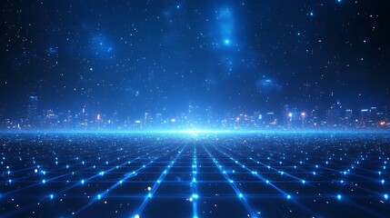 Futuristic digital landscape with a glowing grid and city skyline, showcasing advanced technology in a starry night setting.