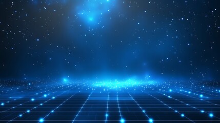 Obraz premium Futuristic digital landscape with a glowing grid and stars, depicting technology and virtual reality in a cosmic space background.