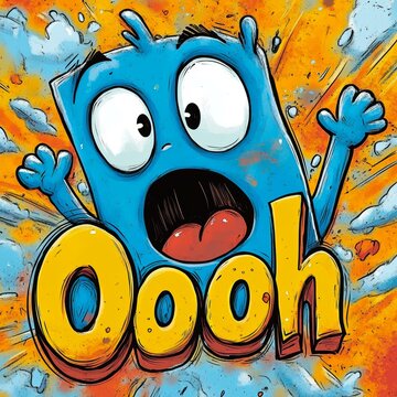 A vibrant, cartoonish character with a surprised expression and the word Oooh is displayed in bold letters, Suitable for illustrating excitement, surprise, or reactions in social media posts