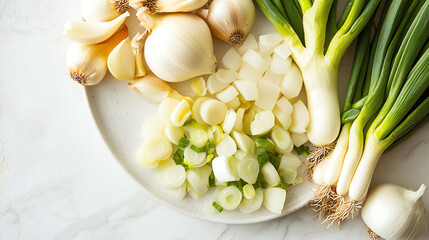 A beautifully arranged plate of sliced garlic, onions, and leeks on a white marble countertop, emphasizing their prebiotic content, prebiotic-rich diet, culinary health focus