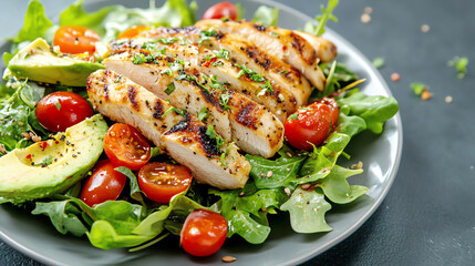 A colorful, low-carb salad with leafy greens, avocado, cherry tomatoes, and grilled chicken, set in a modern kitchen, diabetic diet, fresh and healthy concept