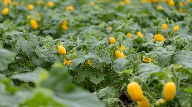 58. **A field of green and yellow squash plants with flowers and fruit.