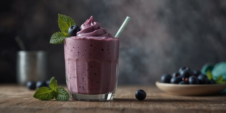 Refreshing blueberry smoothie with whipped cream mint.