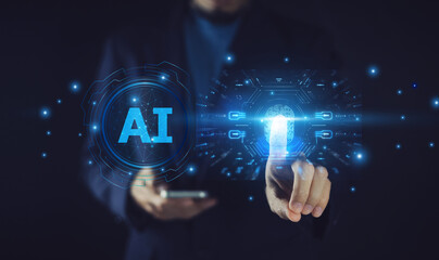 Businessman strategically integrating AI-powered cyber security solutions into the company's...