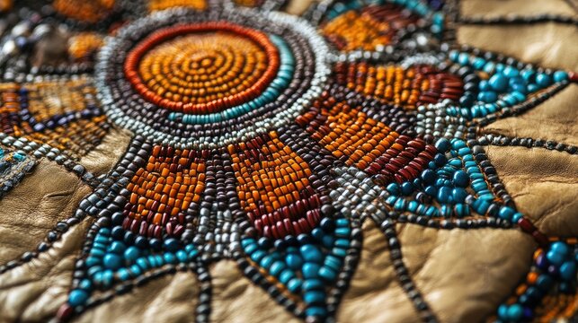 A close-up of a Native American beadwork pattern on leather. No people, copy space.