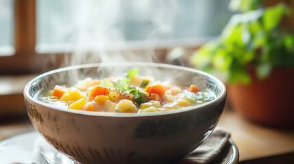 A comforting image of a warm bowl of low-sodium soup with soft vegetables