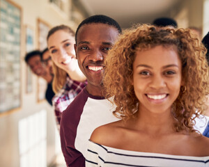 Portrait, team and business man in line with leader for coworking, about us and collaboration. Face, people and group in row at startup for cooperation, diversity and smile with creative publicist