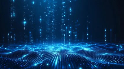 Obraz premium Futuristic digital landscape with glowing blue lights and data streams, representing technology and innovation in a virtual environment.