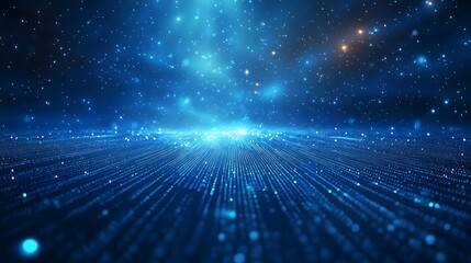 Fototapeta premium Futuristic digital landscape with glowing blue lights and stars, conveying innovation and technology in a mesmerizing visual display.