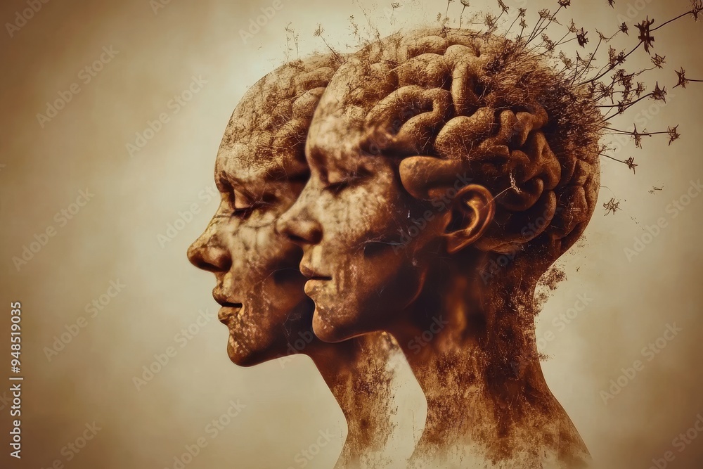 Poster abstract sculpture of two heads with brain visuals symbolizing the intersection of intellect creativ