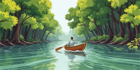 Obraz premium Vintage Vector illustration A man in a boat is paddling down a river surrounded by lush green trees 
