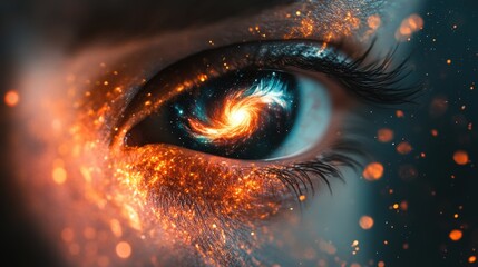 banner design concept with an eye containing a galaxy, symbolizing the minds power and mind control, using cosmic elements