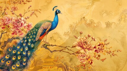 Image of a beautiful peacock with a beautiful tail perched on a branch of a flower in a blurry forest background. Vector illustration