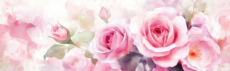 Watercolor illustration of blooming roses in spring