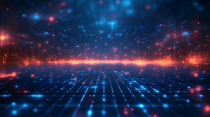Obraz premium Futuristic digital landscape with glowing grid and light particles, ideal for technology, innovation, and digital transformation concepts.