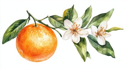 Watercolor illustration of an orange fruit isolated on a white background Features an orange blossom branch suitable for labels prints banners and citrus themed events Elements representing healthy