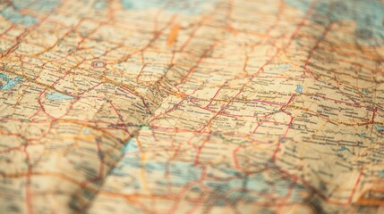 Naklejka premium A close-up of a vintage American road map with marked highways. No people, copy space.