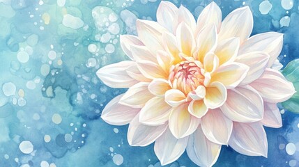 Fototapeta premium Watercolor illustration of a white dahlia flower with touches of yellow and pink