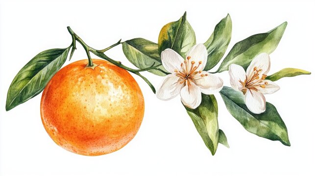 Watercolor illustration of an orange fruit isolated on a white background Features an orange blossom branch suitable for labels prints banners and citrus themed events Elements representing healthy