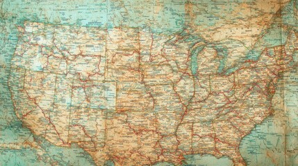 A close-up of a vintage American road map with marked highways. No people, copy space.