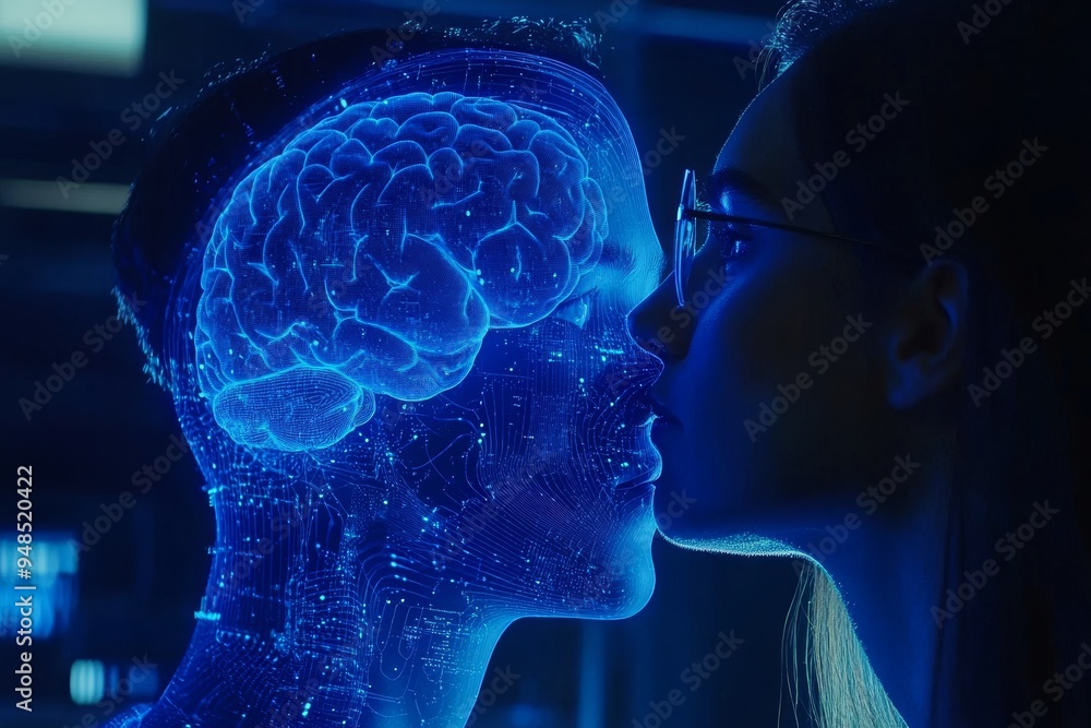 Poster abstract portrait of a woman with neural patterns symbolizing the balance of intellect and creativit