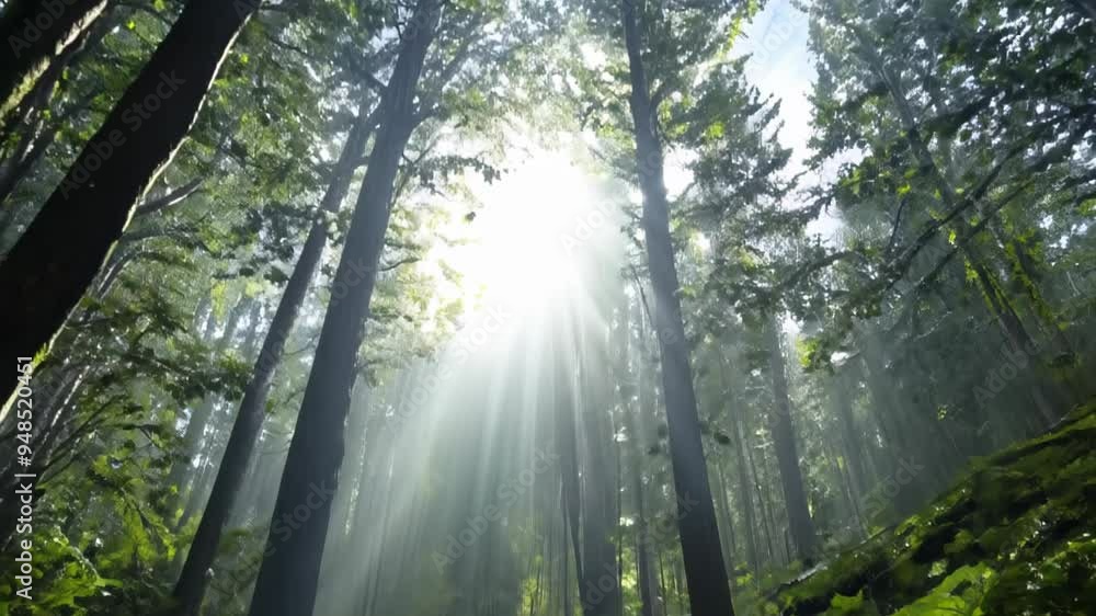 Poster scene captures a vibrant forest with towering trees and thick foliage. sunlight streams through the 
