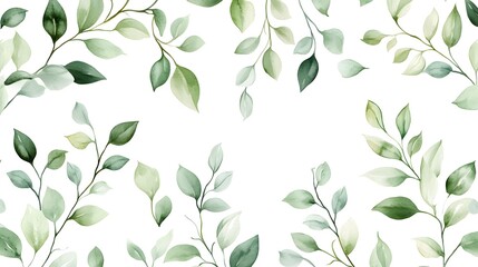 Watercolor green leaves clipart set, various types of leaves and branches, seamless pattern on white background, vector illustration, high resolution, detailed