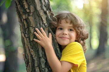A cute little boy wearing a yellow shirt excitedly embraced a large tree. happy with nature surrounding Symbol of concern for the environment