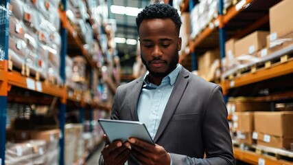 A suited individual stands in a spacious indoor setting resembling a warehouse, intently examining a tablet. Behind, organized shelves filled with boxes create a structured environment.