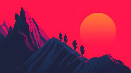 Fototapeta premium Silhouettes of Hikers Ascending Mountain Peak at Sunset
