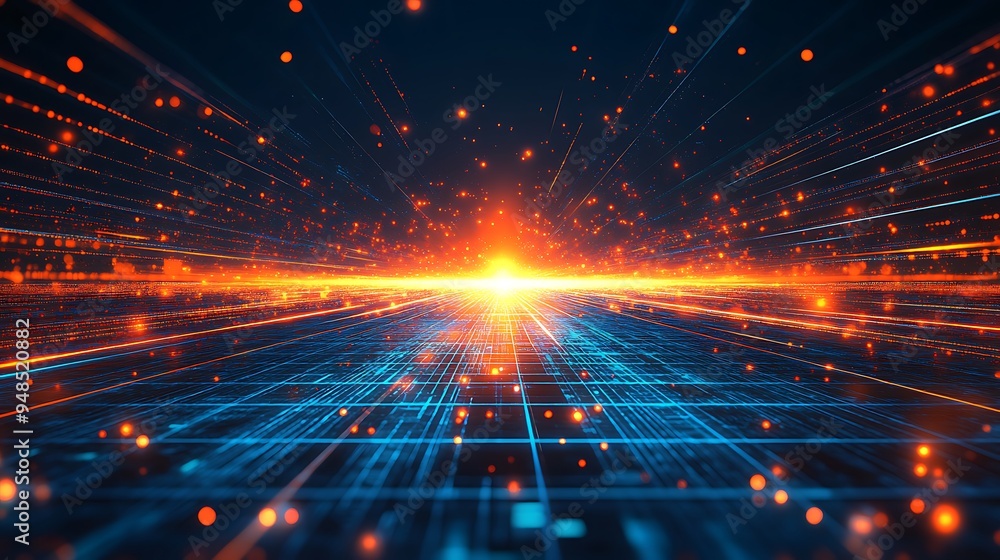 Poster futuristic digital landscape with glowing lights and grid patterns, representing innovation, technol