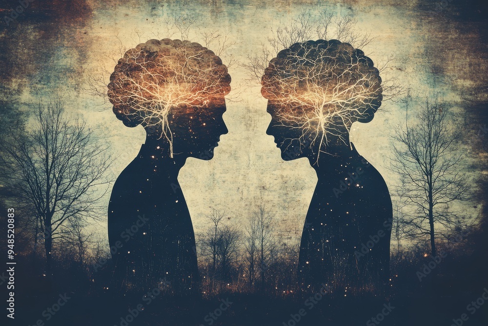 Poster silhouette of two faces with neural connections symbolizing the interplay of thoughts and the connec