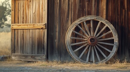 Obraz premium A close-up of an old wooden wagon wheel leaning against a barn in Texas. No people, copy space.