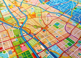 Obraz premium Vibrant close-up of Los Angeles city map showcasing intricate road network, highways, and neighborhoods, with colorful streets and landmarks, perfect for urban planning or travel themes.