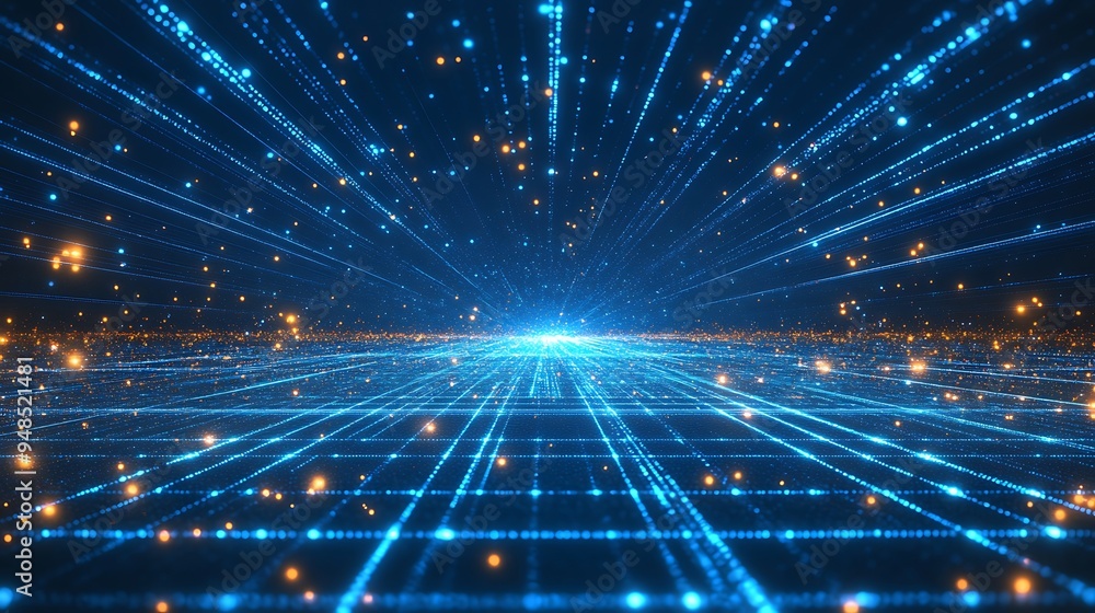 Poster futuristic digital landscape with glowing lines and particles, representing technology, innovation, 