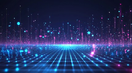 Obraz premium Futuristic digital landscape with glowing neon grid and lights, representing technology, data visualization, and virtual reality.