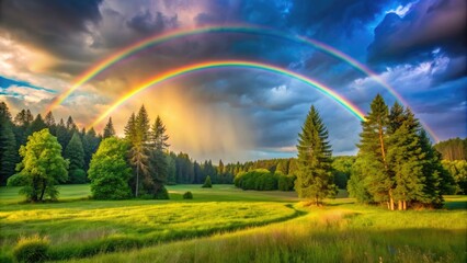Obraz premium Vibrant double rainbow stretches across a serene summer forest, where sunlit trees sparkled with raindrops, surrounded by a lush meadow in perfect harmony.