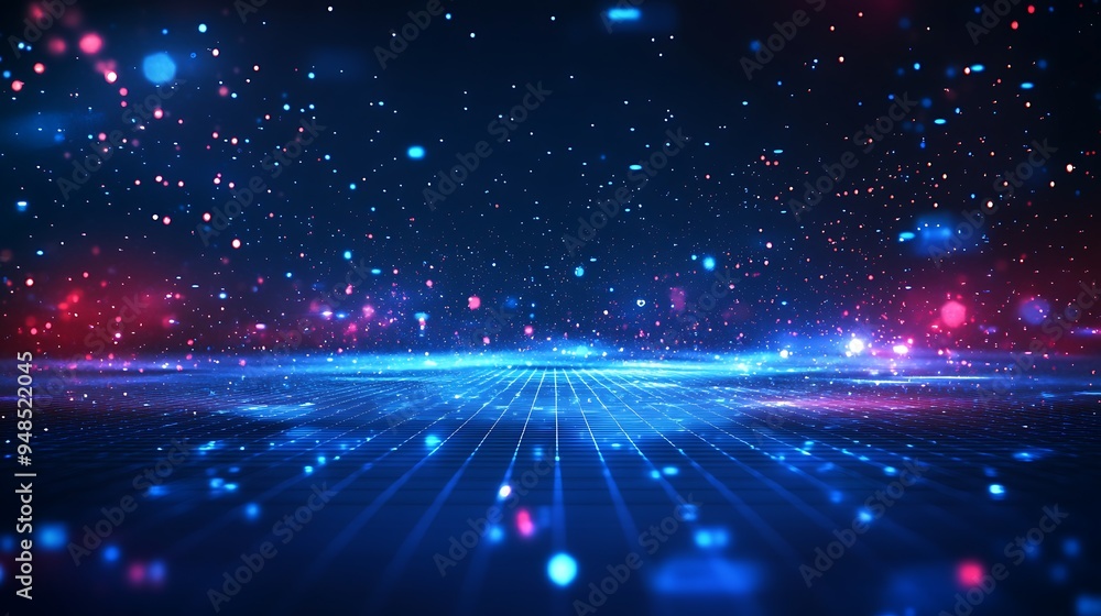 Aufkleber futuristic digital landscape with glowing particles and grid lines, creating a sci-fi atmosphere. pe