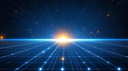 Futuristic digital landscape with grid lines and a bright light rising on the horizon, representing technology and innovation.