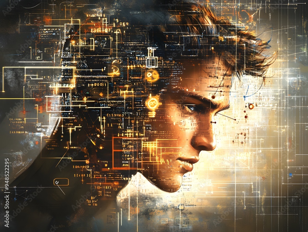 Aufkleber digital mind - abstract man with code.