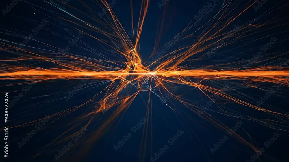 Poster an abstract representation of vibrant energy or light, with dynamic rays of orange radiating from a 