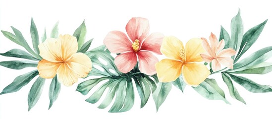 Watercolor illustration of delicate hand painted flowers in a tropical arrangement featuring forest green hues Suitable for organic themed decor